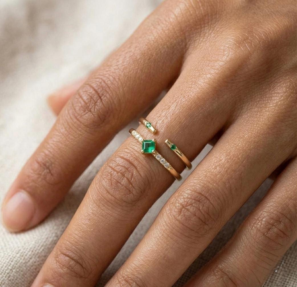 Emerald Diamond Ring Set, 14K Gold Minimalist Bridal Stackable May Birthstone