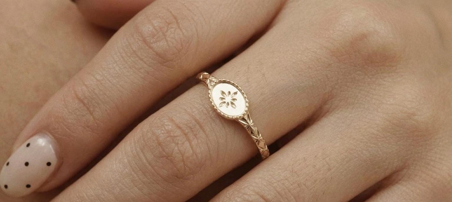 Vintage Floral Engraved Oval Signet Ring, Sterling Silver Boho Band