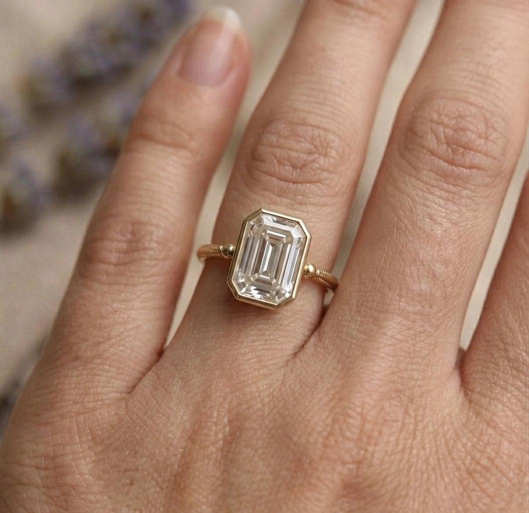 Emerald Cut Moissanite Ring, Bezel Set, 925 Sterling Silver, Vintage Milgrain Solitaire