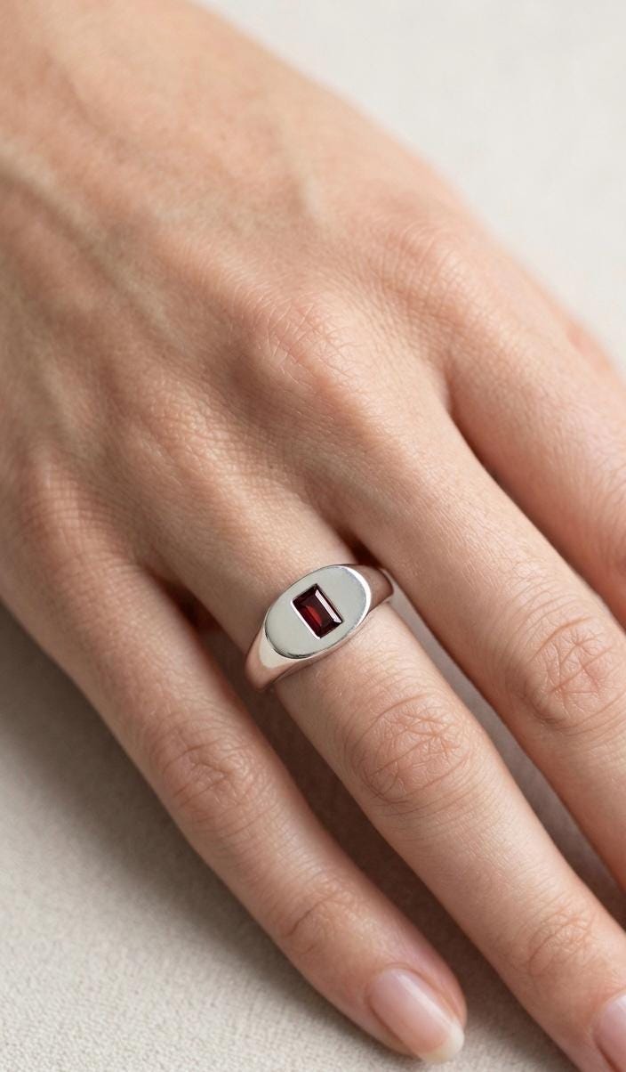 Red Tourmaline Signet Ring, 925 Sterling Silver, Minimalist Pinky Ring, October Birthstone