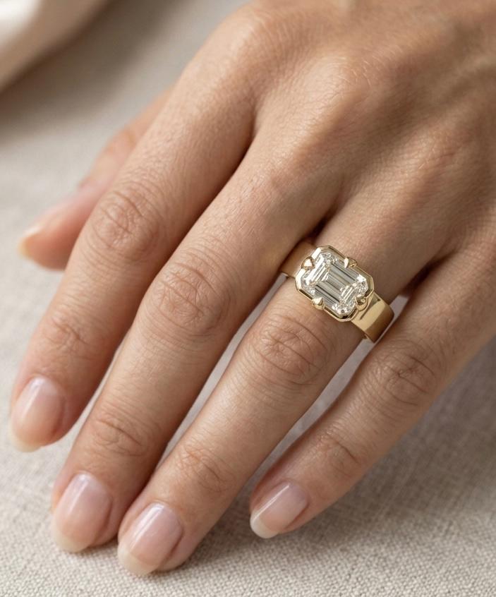 Emerald Cut Moissanite Solitaire Ring, Solid Gold Bezel Set Promise Ring