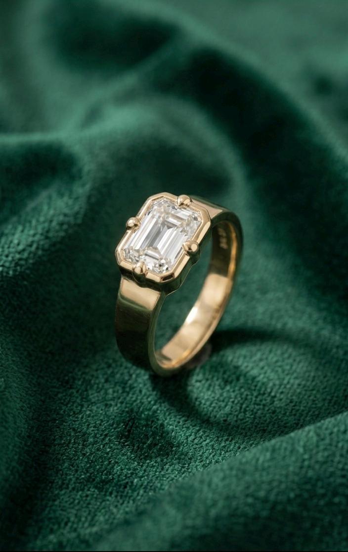 Emerald Cut Moissanite Solitaire Ring, Solid Gold Bezel Set Promise Ring
