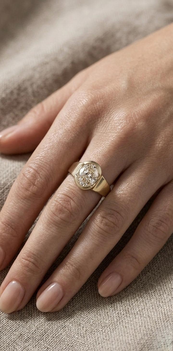 Oval Cut Solitaire Ring, Gold Bezel Setting, Minimalist Engagement Ring