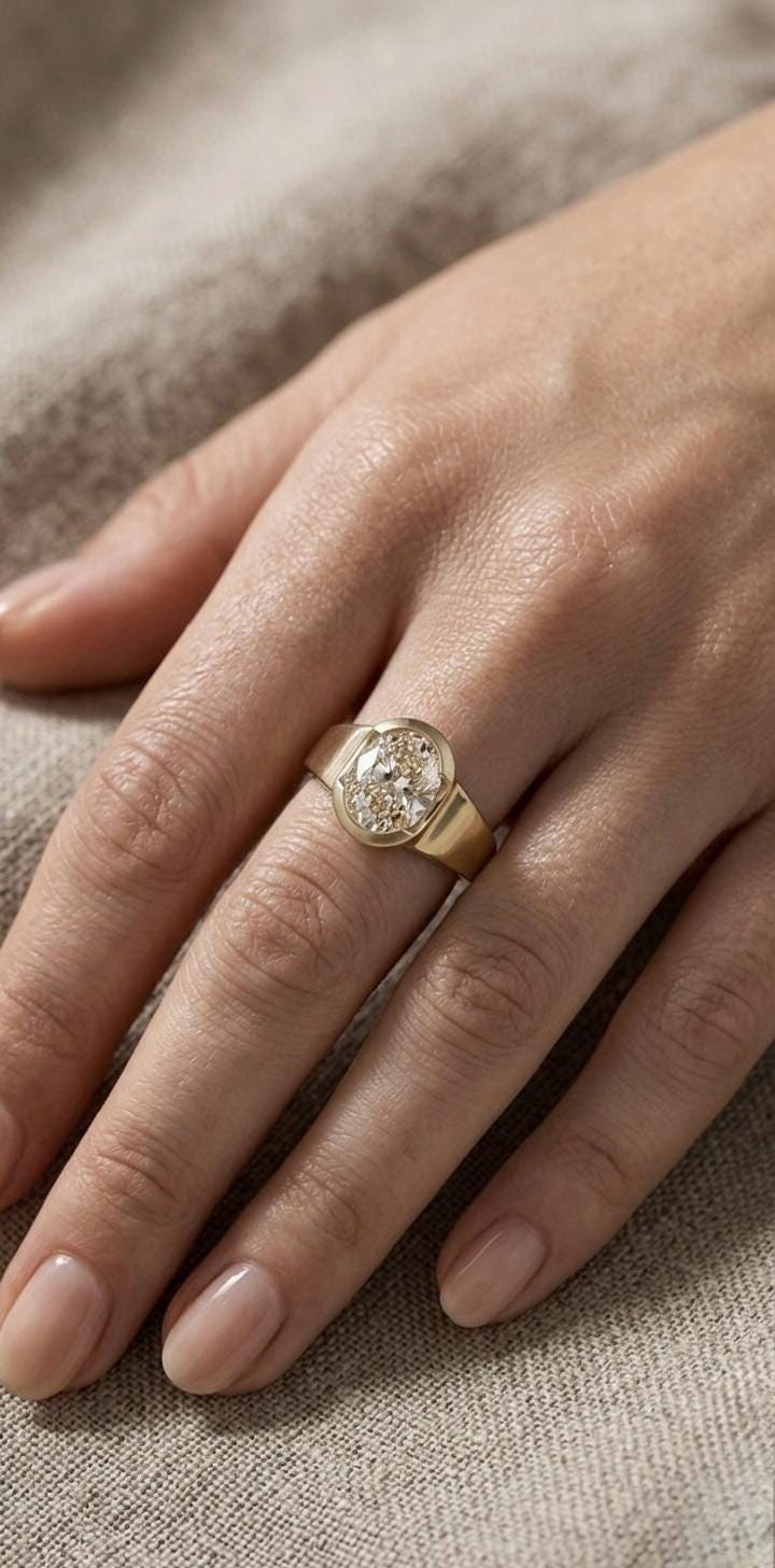 Oval Cut Solitaire Ring, Gold Bezel Setting, Minimalist Engagement Ring