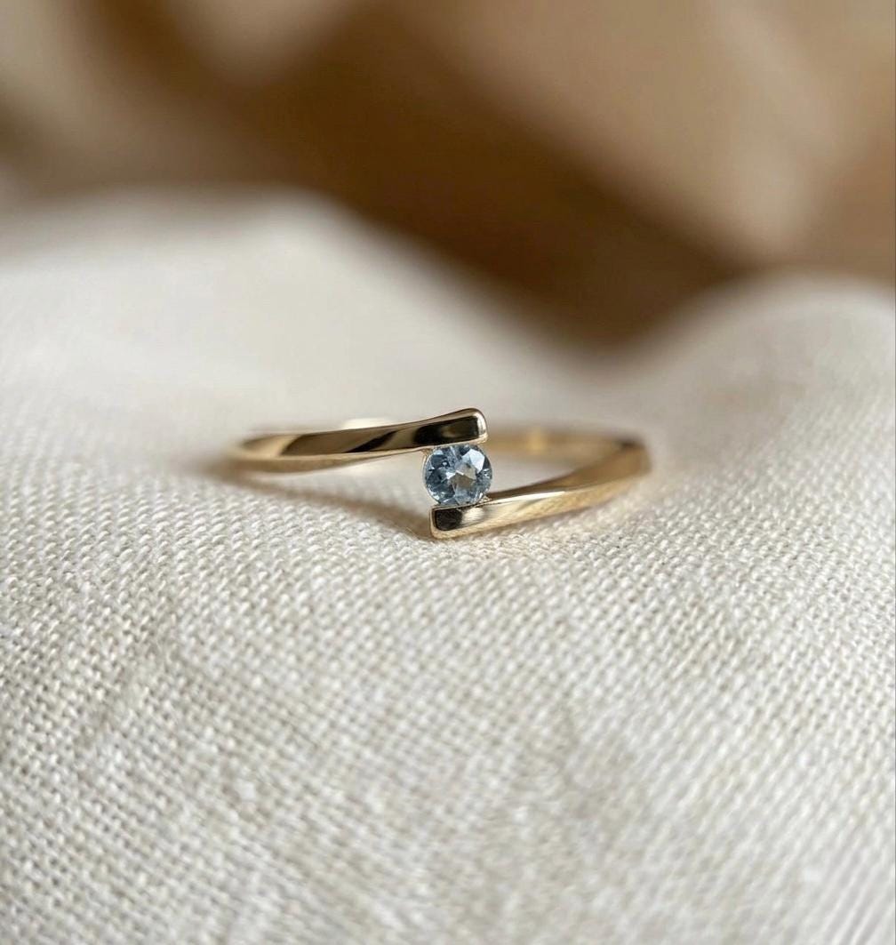 Natural Aquamarine Wrap Ring, Minimalist Gold, March Birthstone, Adjustable Band