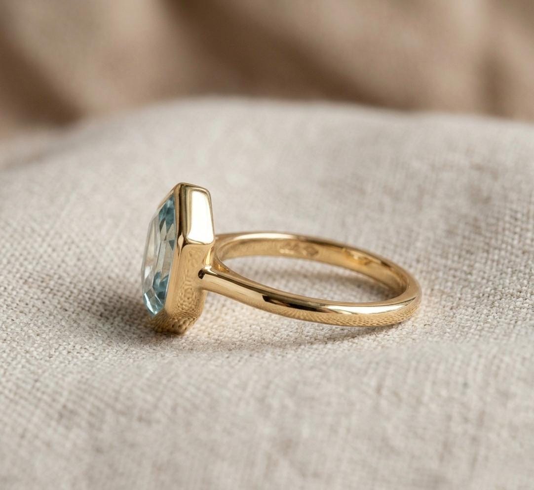 Hexagon Aquamarine Ring, Bezel Set, 925 Sterling Silver Geometric Solitaire, March Birthstone Gift