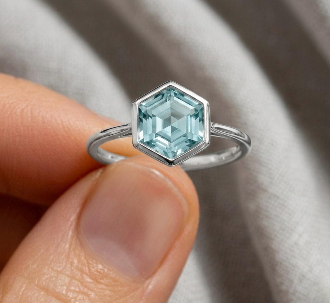 Hexagon Aquamarine Ring, Bezel Set, 925 Sterling Silver Geometric Solitaire, March Birthstone Gift