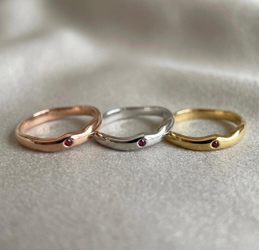Wavy Molten Garnet Ring, Organic Wave Stacking Band, 925 Sterling Silver, January Birthstone