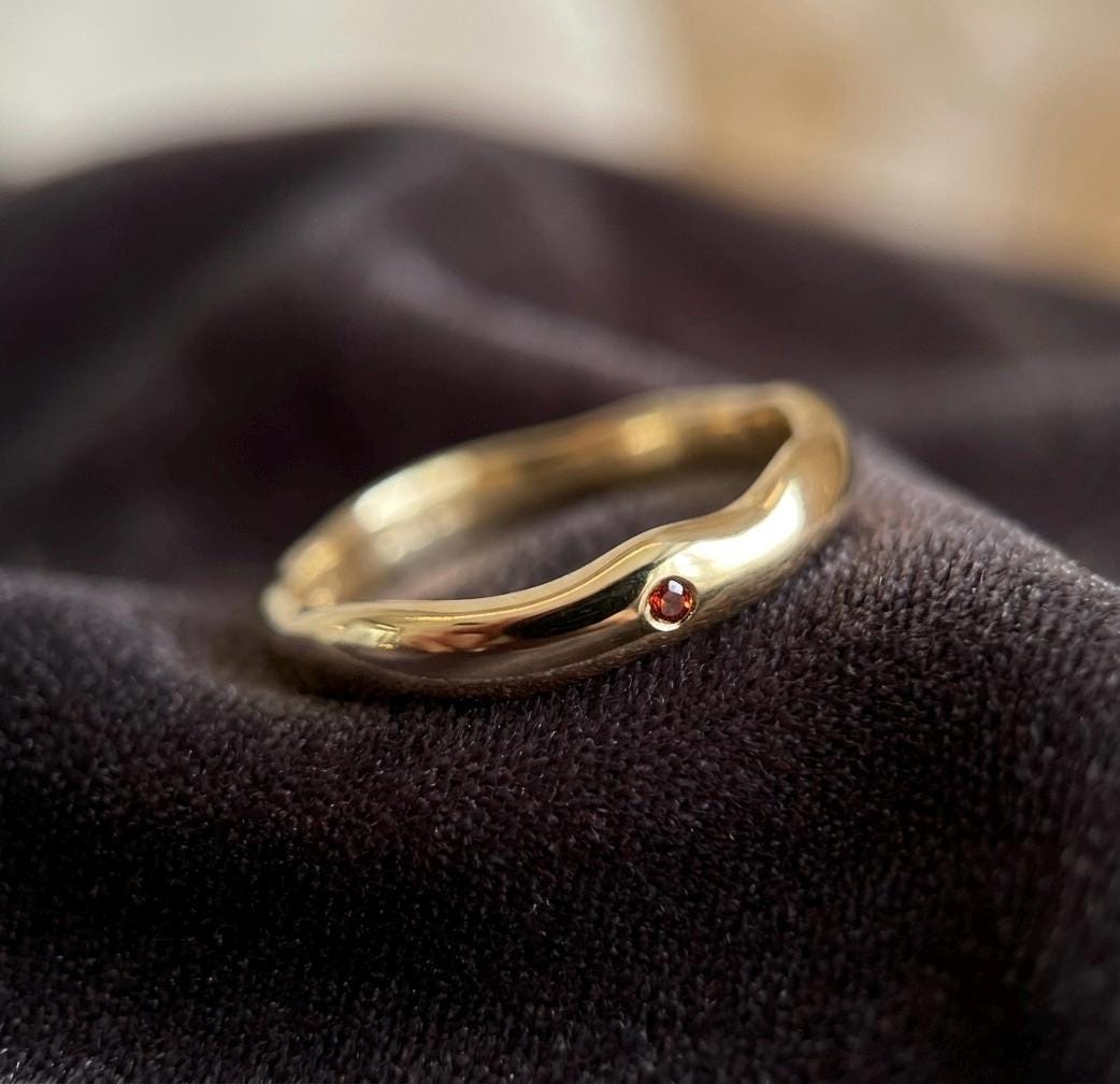 Wavy Molten Garnet Ring, Organic Wave Stacking Band, 925 Sterling Silver, January Birthstone