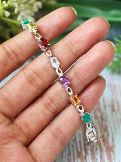 Multi Gemstone Sterling Silver Bracelet, Oval Cut Rainbow Colors, Birthstone Jewelry