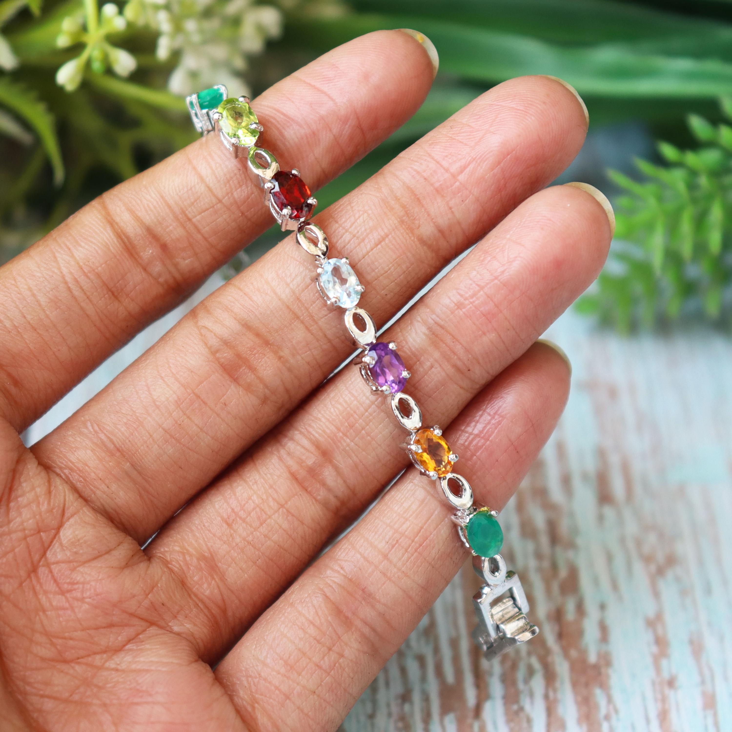 Multi Gemstone Sterling Silver Bracelet, Oval Cut Rainbow Colors, Birthstone Jewelry