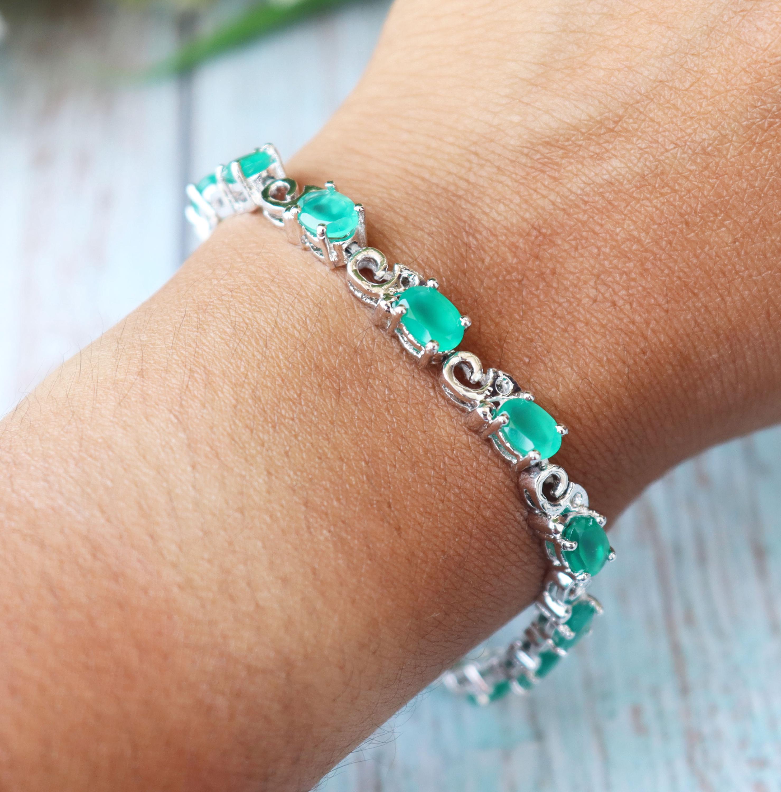 Green Onyx Oval Cut Sterling Silver Bracelet, Dainty May Birthstone Jewelry