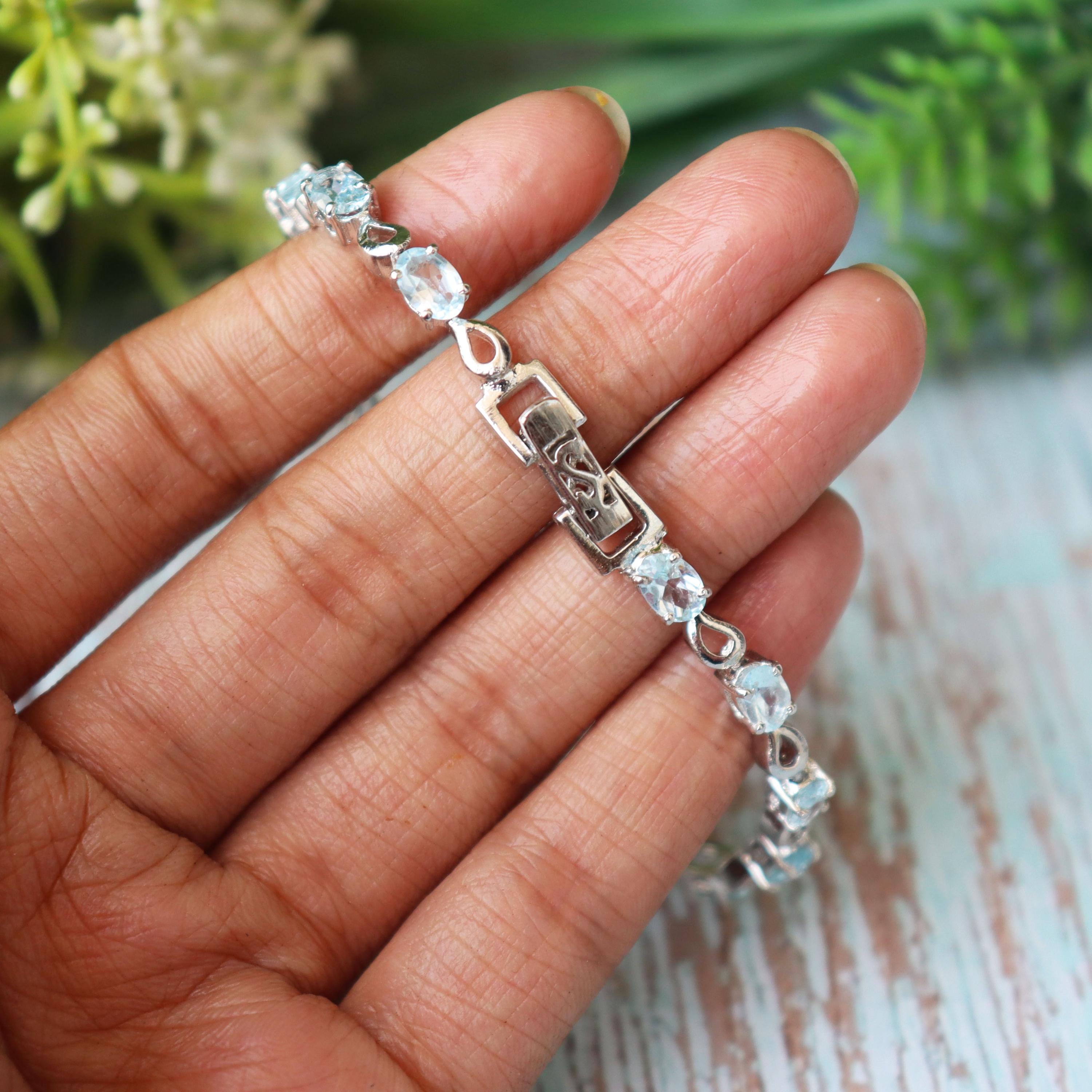 Sterling Silver Blue Topaz Oval Cut Bracelet, Dainty Sky Blue Gemstone Jewelry