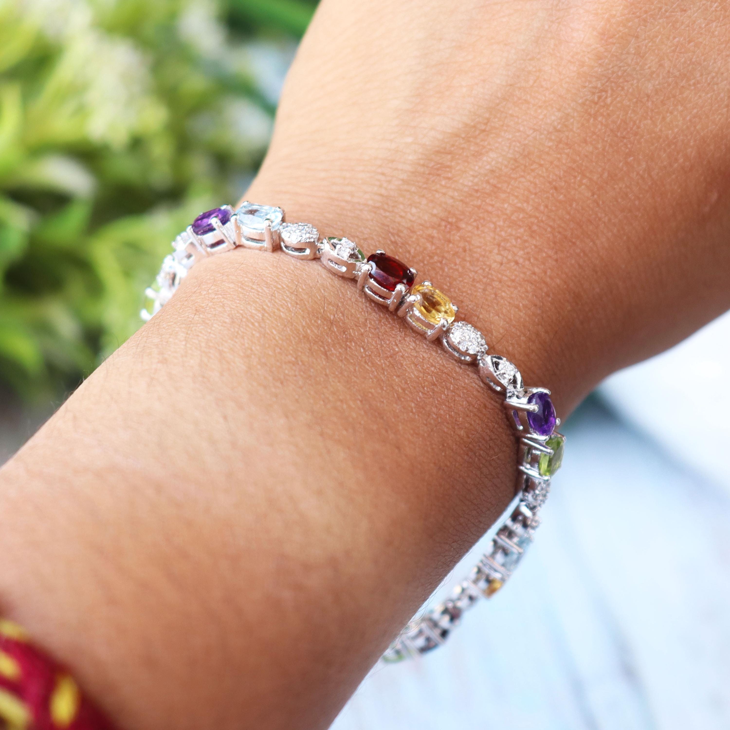 Multi Gemstone Tennis Bracelet, 925 Sterling Silver, Oval Cut Rainbow Crystals, Elegant Statement Jewelry
