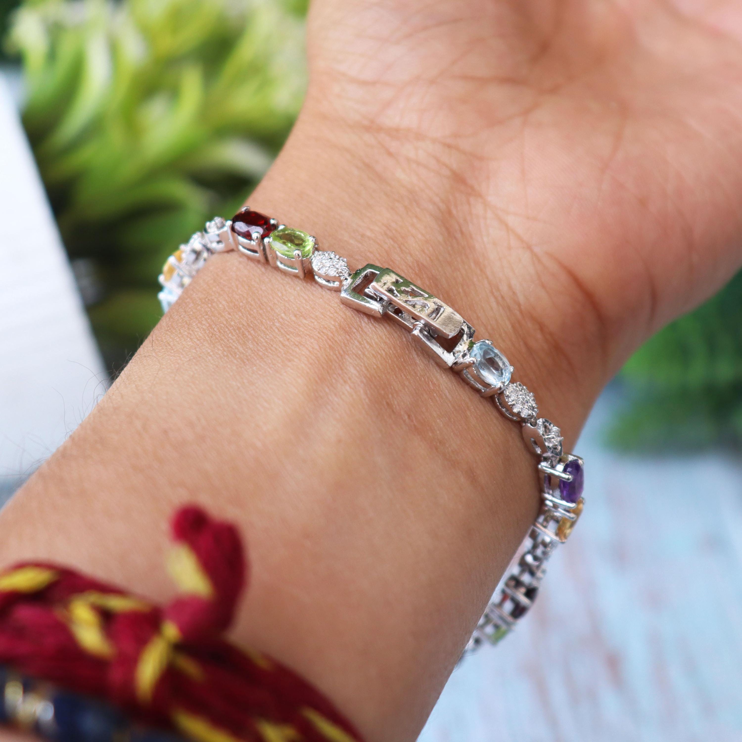Multi Gemstone Tennis Bracelet, 925 Sterling Silver, Oval Cut Rainbow Crystals, Elegant Statement Jewelry
