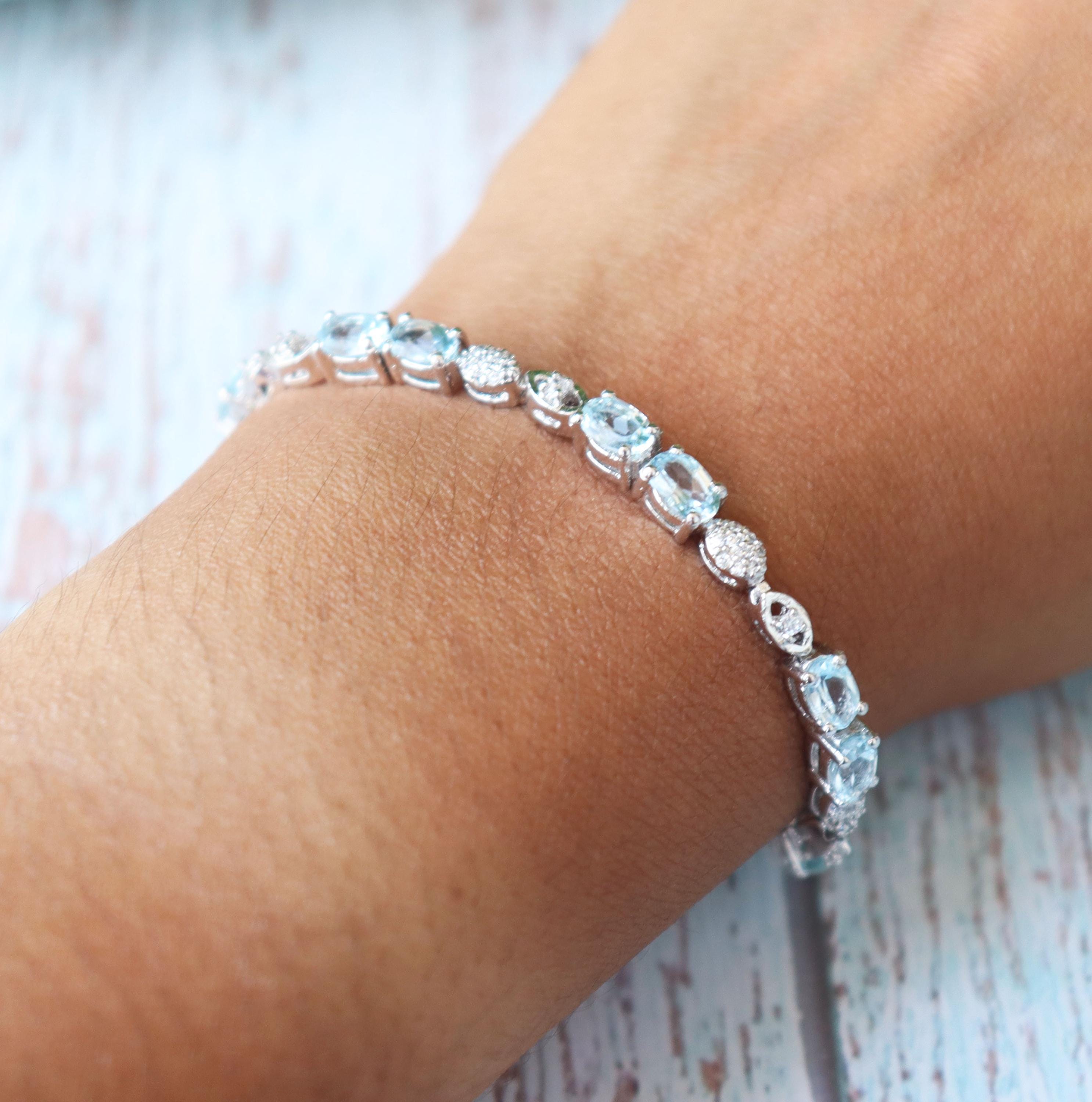 Oval Blue Topaz Tennis Bracelet, Sterling Silver, December Birthstone, Elegant Sky Blue Gemstone