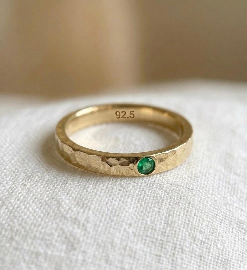 Hammered Gold Emerald Ring, 925 Sterling Silver, Dainty Stacking Band, May Birthstone, Minimalist Jewelry