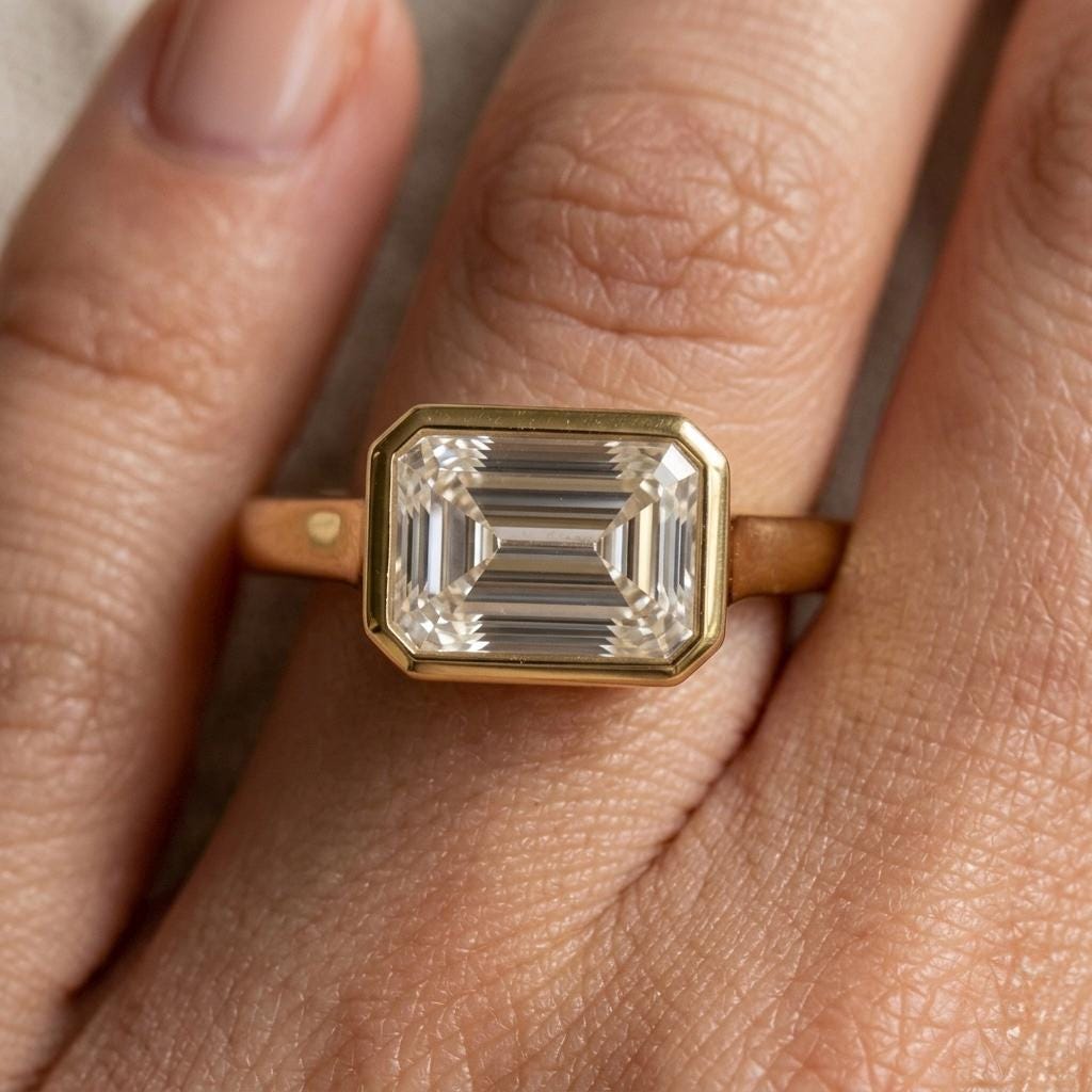 Emerald Cut Moissanite Solitaire Ring, Bezel Set East West Band, 3 Ct Diamond Accent