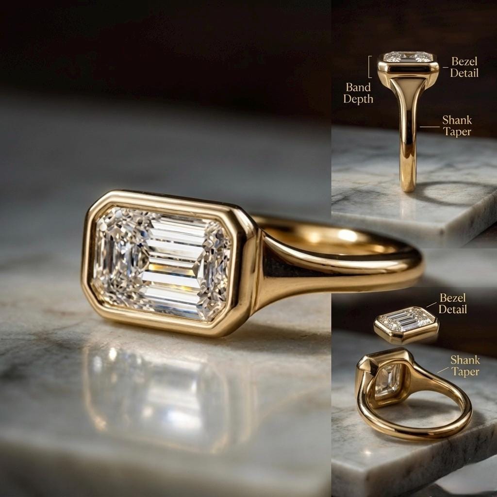 Emerald Cut Moissanite Solitaire Ring, Bezel Set East West Band, 3 Ct Diamond Accent