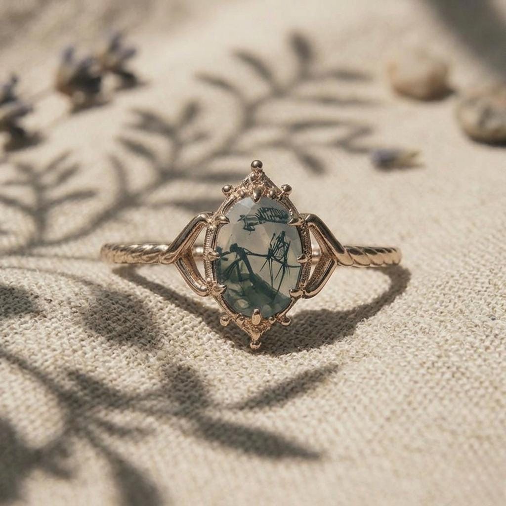 Natural Moss Agate Oval Ring, Vintage Gold Boho Engagement, Nature Inspired Jewelry