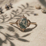 Natural Moss Agate Oval Ring, Vintage Gold Boho Engagement, Nature Inspired Jewelry
