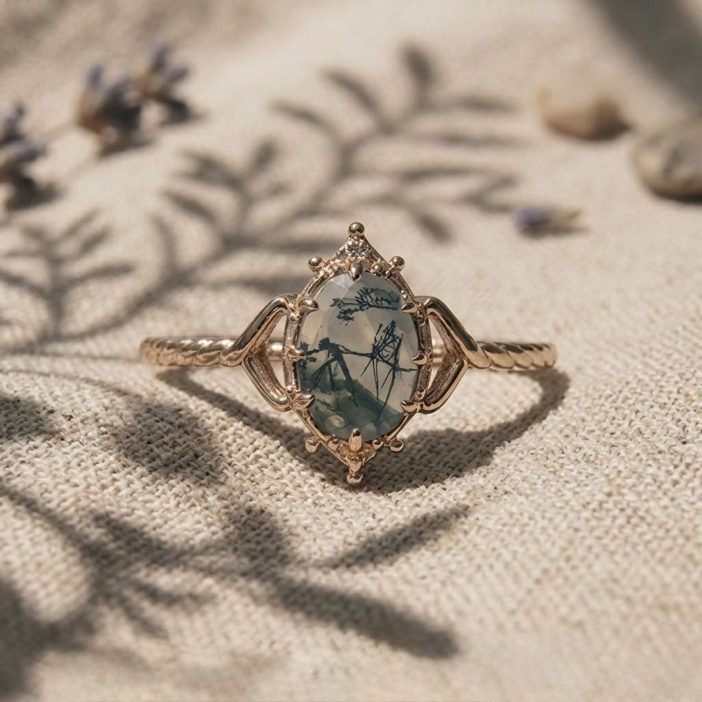 Natural Moss Agate Oval Ring, Vintage Gold Boho Engagement, Nature Inspired Jewelry