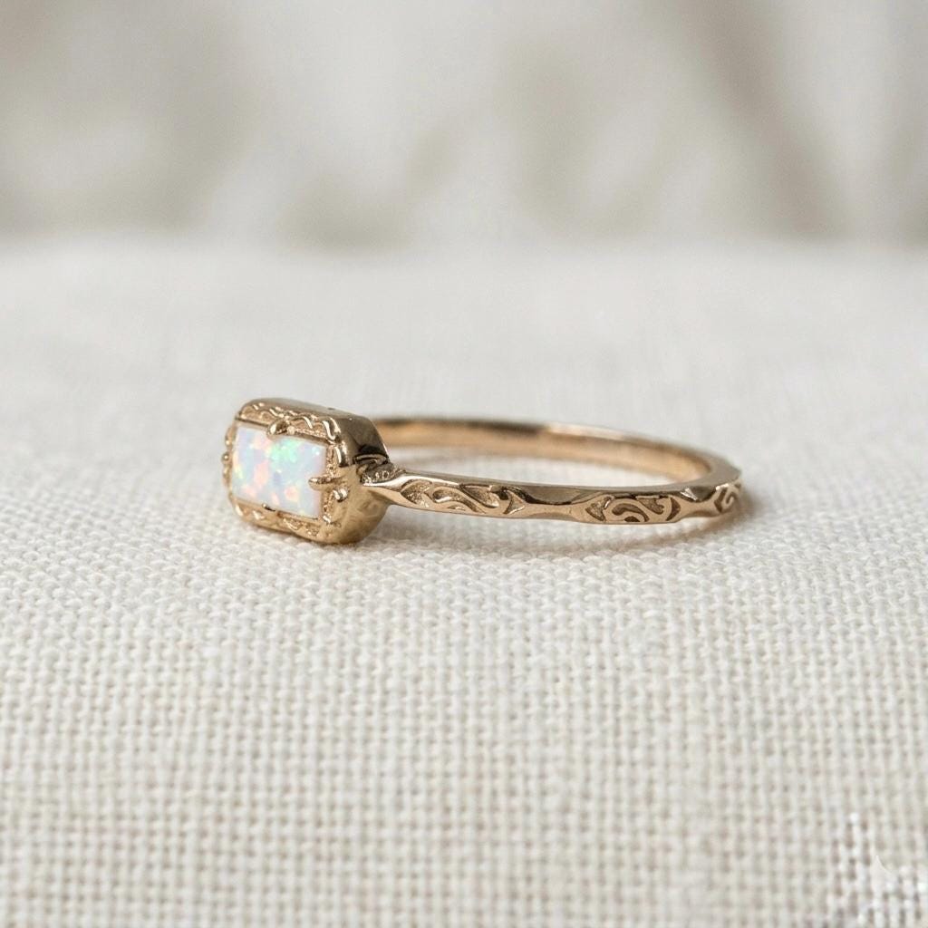 Rectangular Opal Ring, Vintage Art Deco Gold Band, Engagement Promise Ring