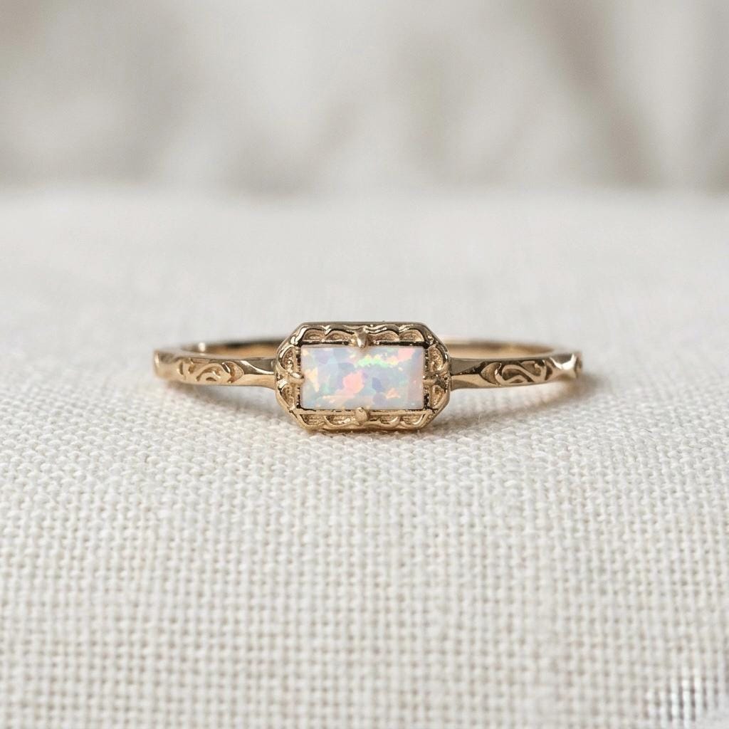 Rectangular Opal Ring, Vintage Art Deco Gold Band, Engagement Promise Ring