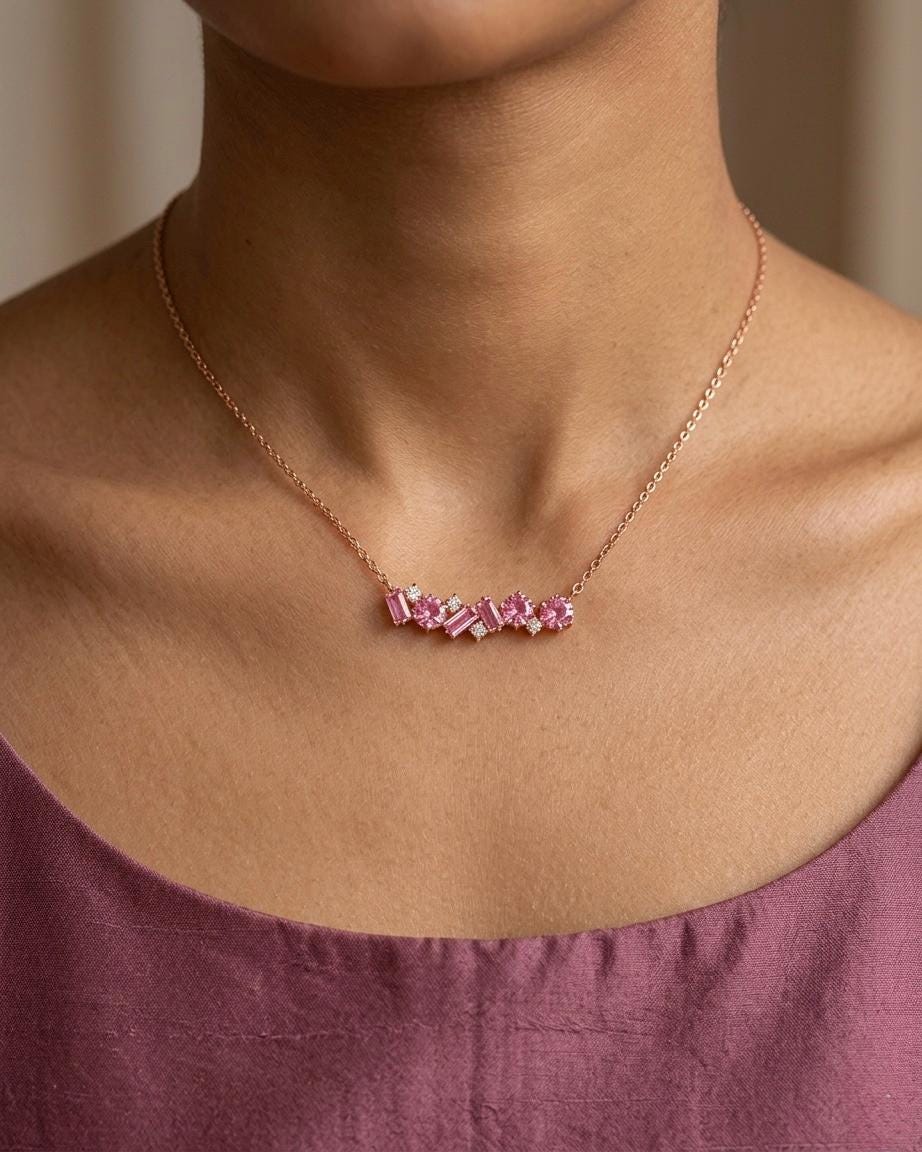Pink Sapphire Bar Necklace, Mixed Cut Stones, Gold Chain, Minimalist Wedding Jewelry