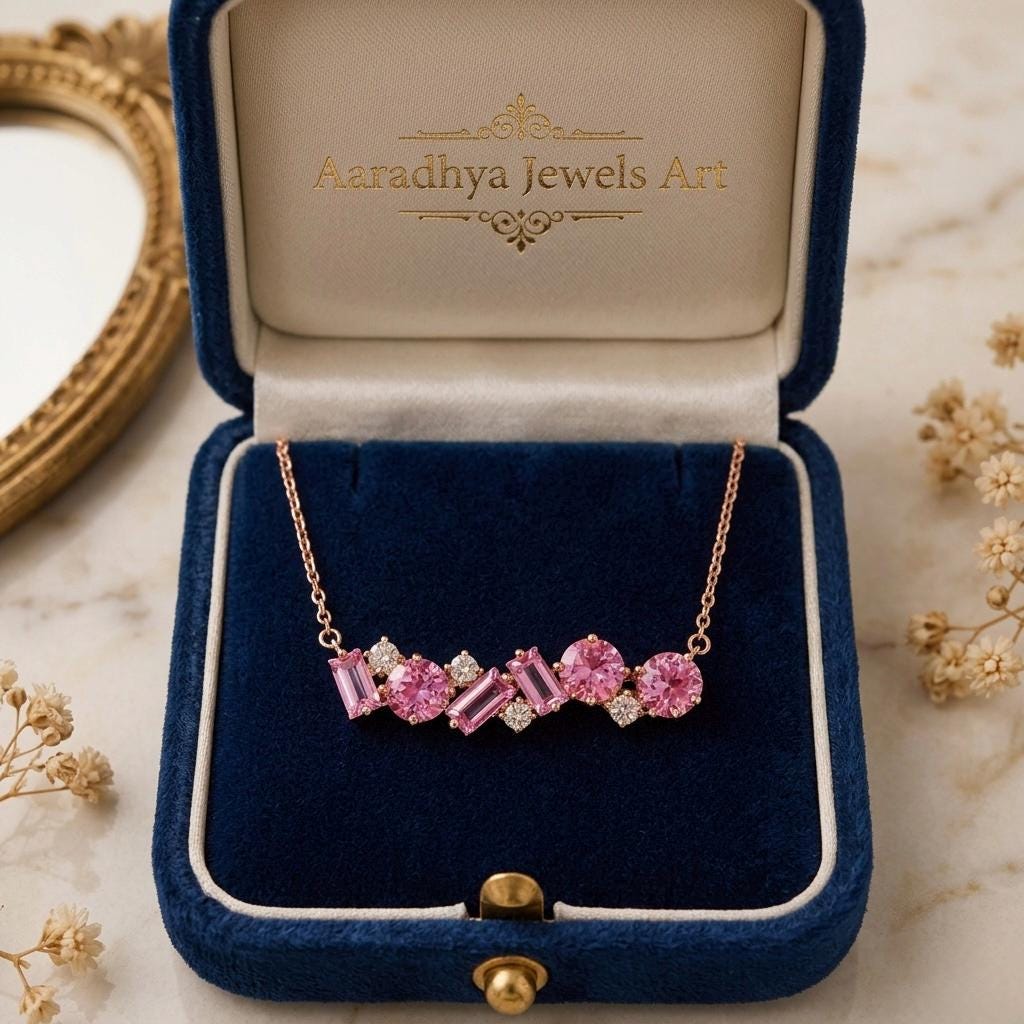 Pink Sapphire Bar Necklace, Mixed Cut Stones, Gold Chain, Minimalist Wedding Jewelry