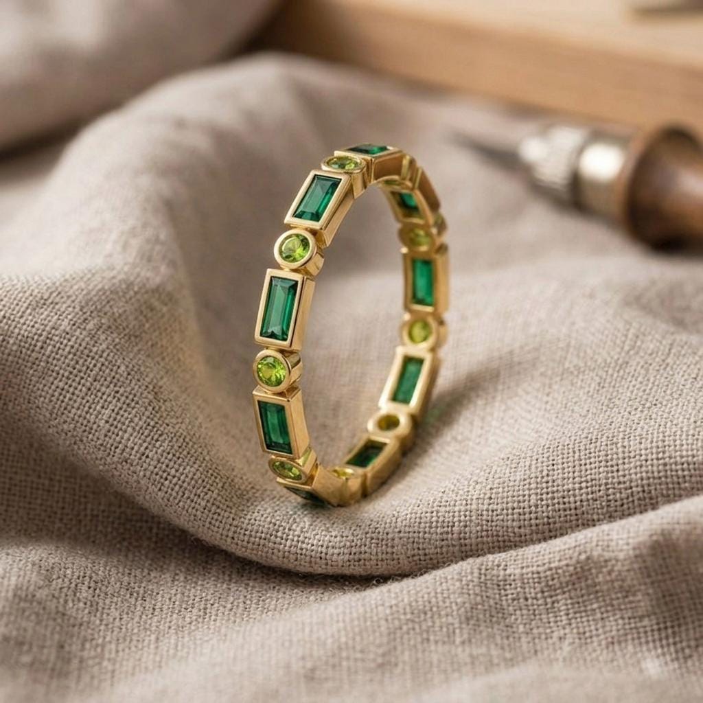 Emerald Peridot Baguette Eternity Band Ring, Gold Stackable Anniversary Jewelry