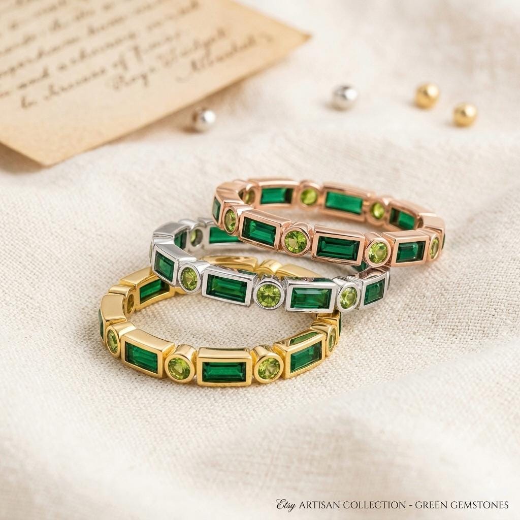 Emerald Peridot Baguette Eternity Band Ring, Gold Stackable Anniversary Jewelry