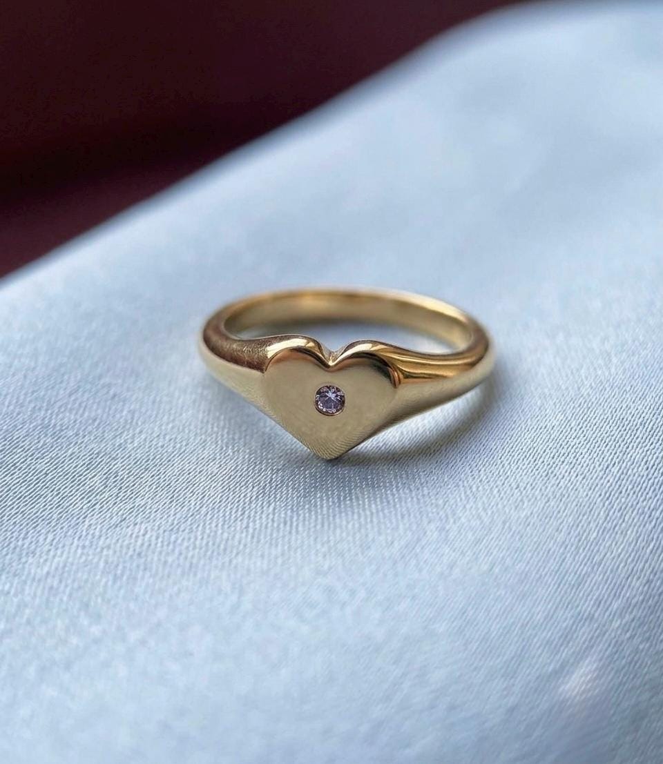 Amethyst Heart Signet Ring, 925 Sterling Silver, Minimalist Birthstone Jewelry