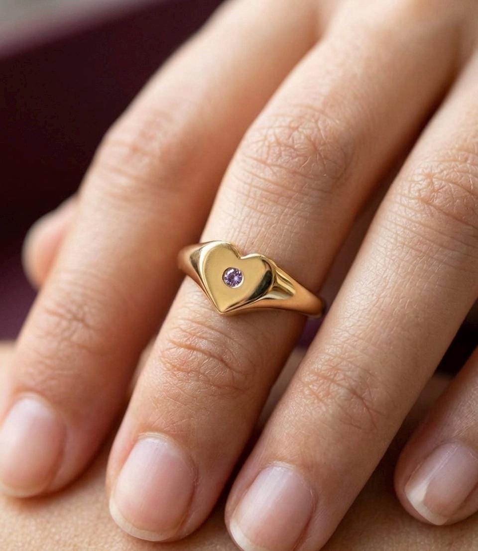 Amethyst Heart Signet Ring, 925 Sterling Silver, Minimalist Birthstone Jewelry