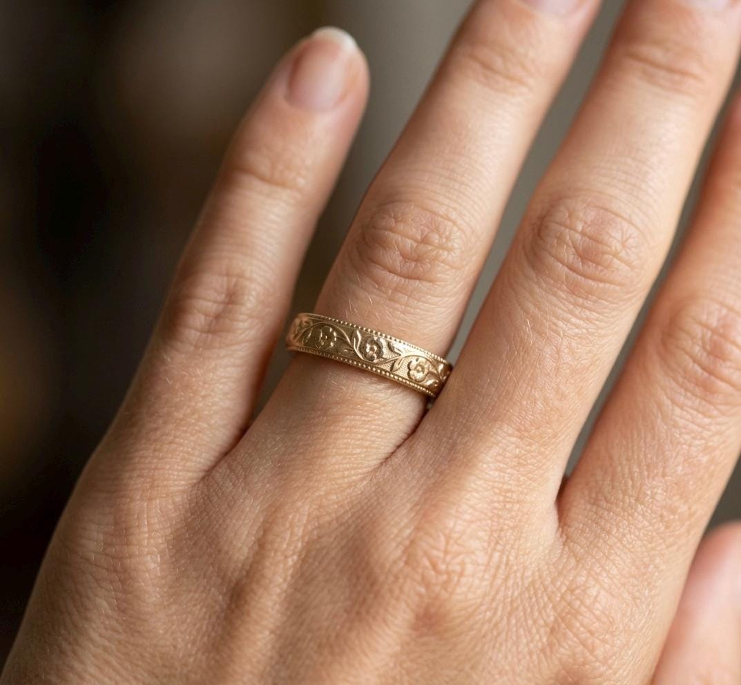 Vintage Floral Engraved Band, Gold Plated Sterling Silver, Minimalist Nature Ring