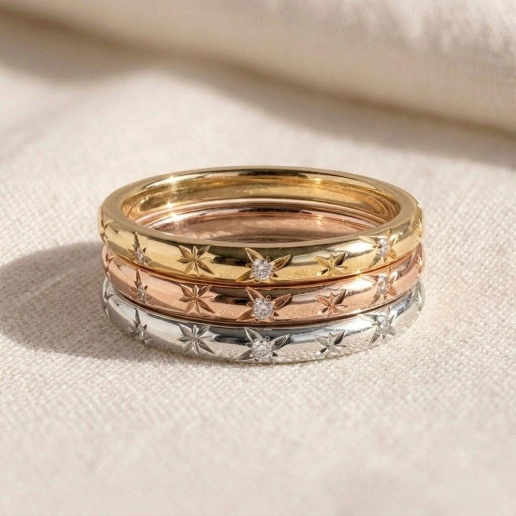 Moissanite Starburst Ring, 925 Sterling Silver Gold Band, Celestial Stacking Wedding Ring