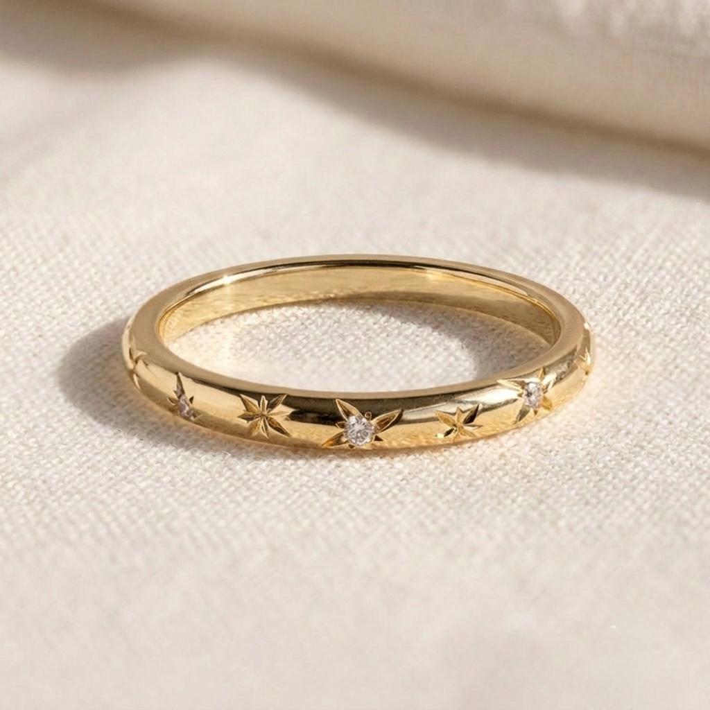 Moissanite Starburst Ring, 925 Sterling Silver Gold Band, Celestial Stacking Wedding Ring
