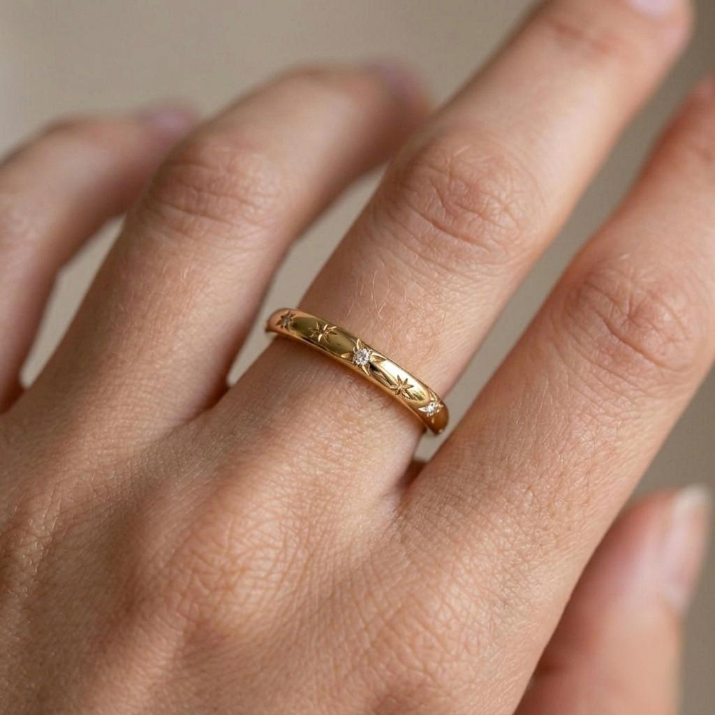Moissanite Starburst Ring, 925 Sterling Silver Gold Band, Celestial Stacking Wedding Ring