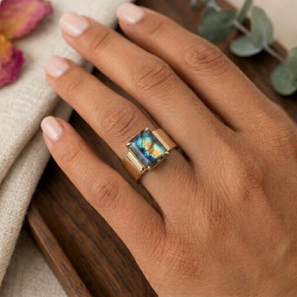 Natural Blue Topaz, Labradorite and Moonstone Ring, 925 Sterling Silver, Men's Signet Ring, Gold, Silver Rose Gold Ring, Baguette Cut Stone