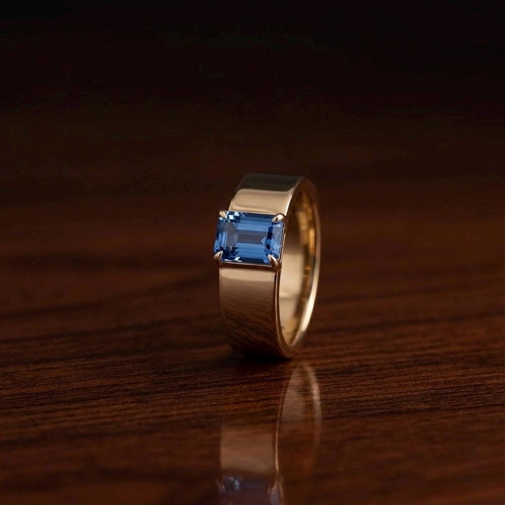 Emerald Cut Aquamarine Ring, 925 Sterling Silver, Thick Cigar Band Ring, Gold Plated Ring, Blue Topaz Ring, Statement Cocktail Ring,