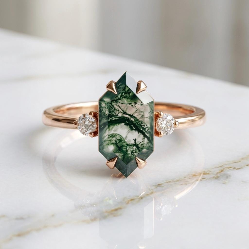 Green Moss Agate Hexagon Ring, Vintage Gold, Nature Inspired Boho Jewelry