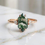 Green Moss Agate Hexagon Ring, Vintage Gold, Nature Inspired Boho Jewelry