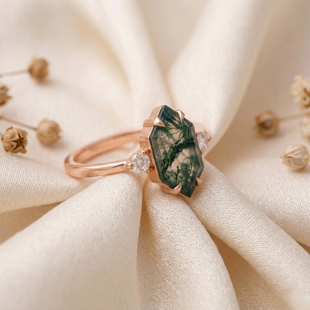 Green Moss Agate Hexagon Ring, Vintage Gold, Nature Inspired Boho Jewelry