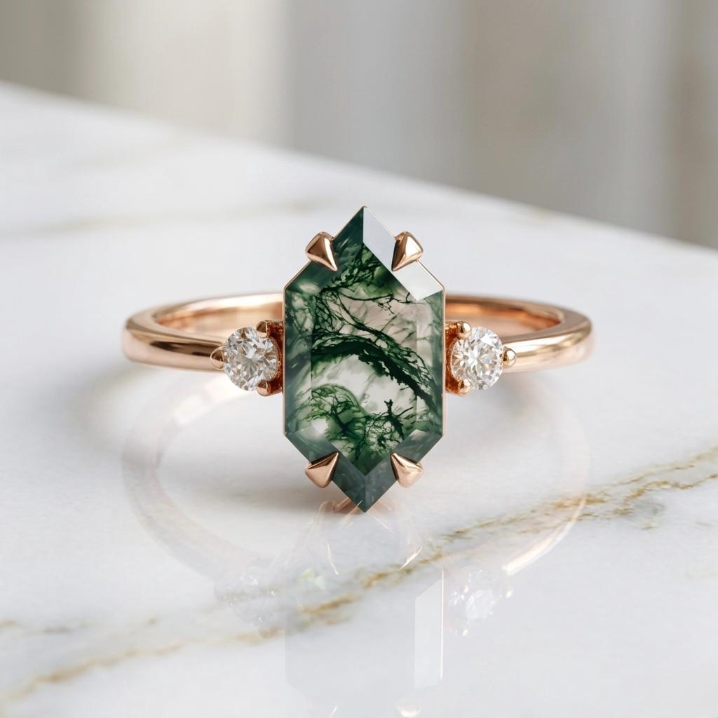 Green Moss Agate Hexagon Ring, Vintage Gold, Nature Inspired Boho Jewelry