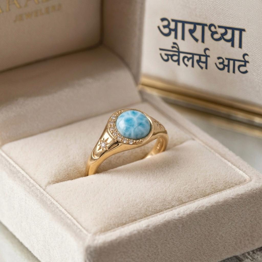 Natural Larimar Celestial Moon Star Ring, 925 Sterling Silver Starburst Signet (CZ Diamond)