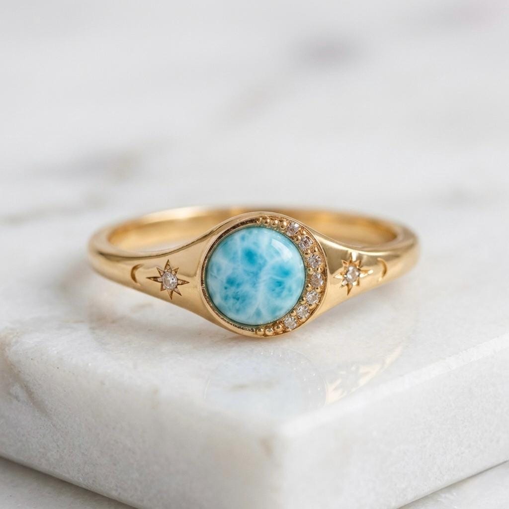 Natural Larimar Celestial Moon Star Ring, 925 Sterling Silver Starburst Signet (CZ Diamond)