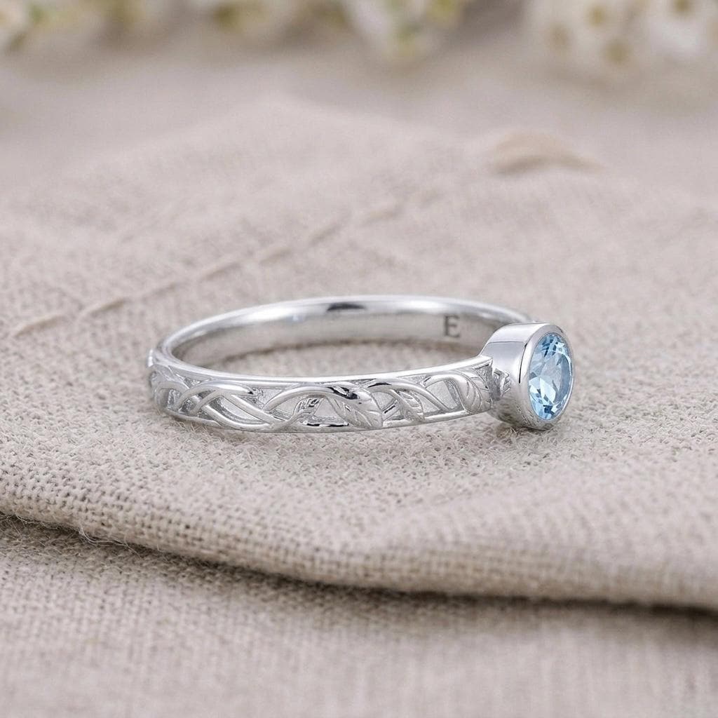 Vintage Leaf Engraved Blue Topaz Ring, 925 Sterling Silver Botanical Band