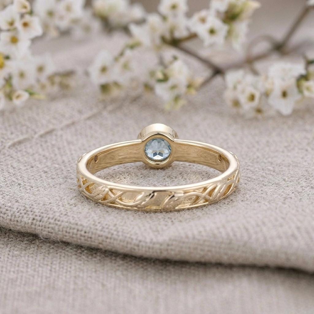 Vintage Leaf Engraved Blue Topaz Ring, 925 Sterling Silver Botanical Band