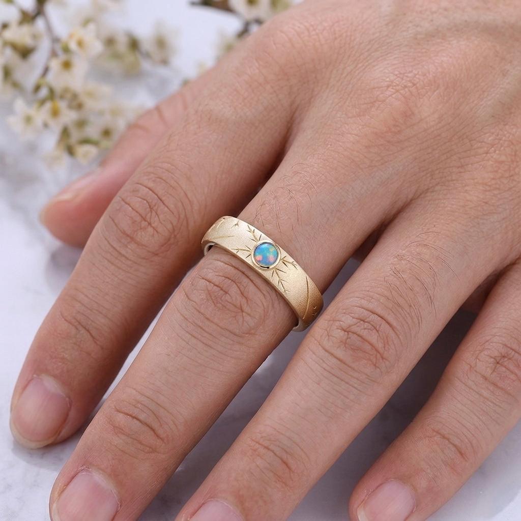 Engraved Starburst Gemstone Ring, 925 Silver, Boho Wedding Band