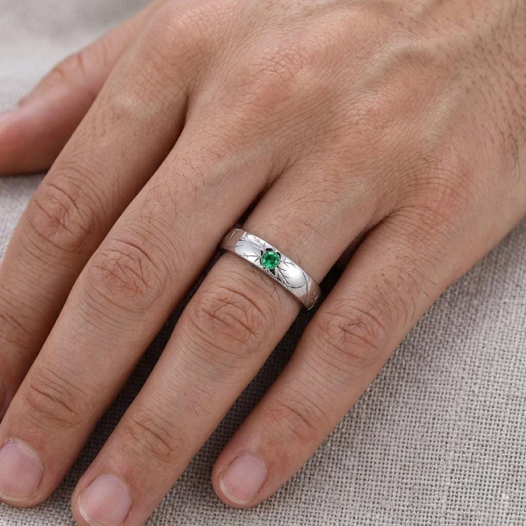 Engraved Starburst Gemstone Ring, 925 Silver, Boho Wedding Band